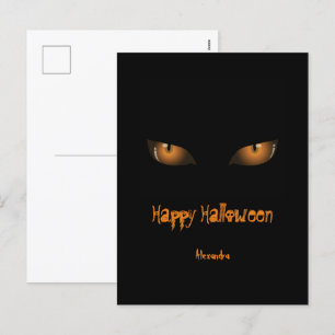 Happy Halloween Black Orange Cat Eyes Holiday Postcard
