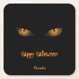 Happy Halloween | Black Orange Cat Eyes Square Paper Coaster
