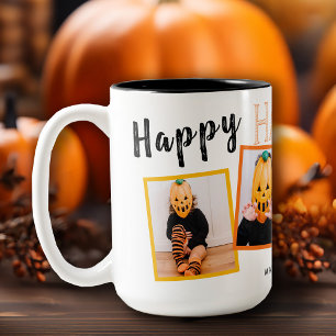 Happy Halloween Black Orange Monogrammed 4 Photo Two-Tone Coffee Mug