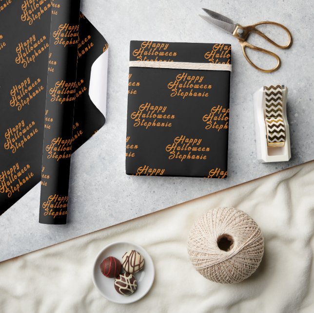 Happy Halloween Black Orange Name Modern Pattern Wrapping Paper (Crafts)
