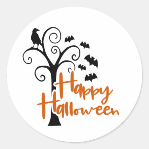 Happy Halloween Black Orange Tree Evil Scary Bats Classic Round Sticker