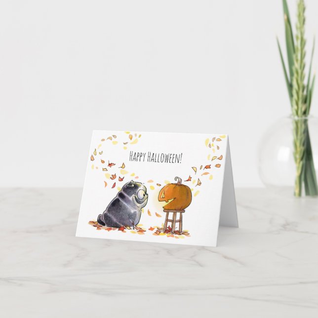 Happy Halloween black pug jack-o-lantern card (Front)