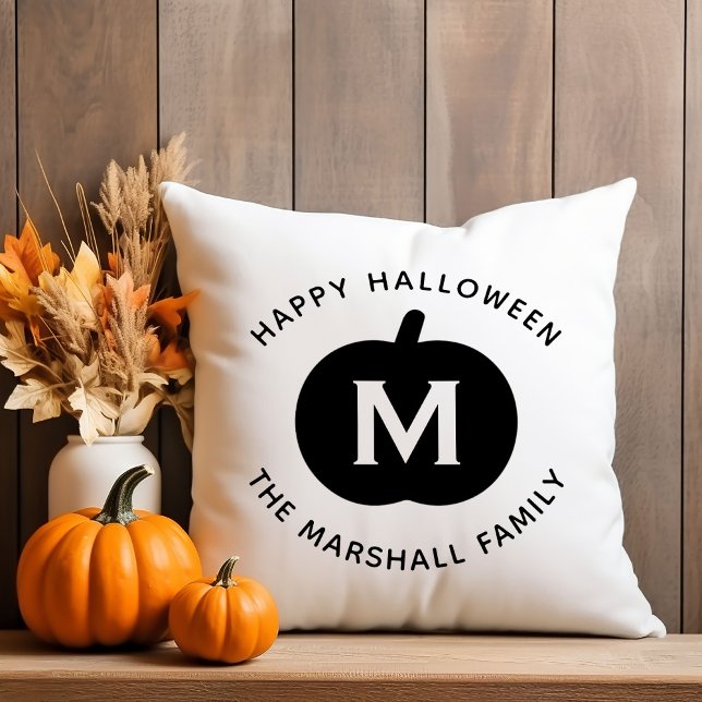 Happy Halloween Black Pumpkin Family Monogram Cushion (Creator Uploaded)