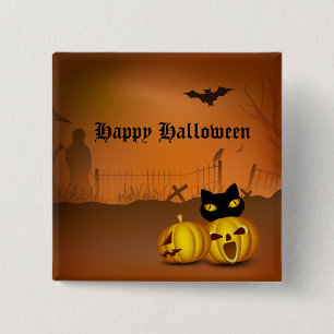 Happy Halloween Black Pumpkin Patch Cat 15 Cm Square Badge