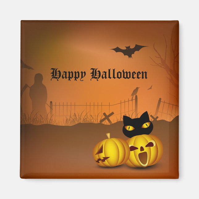 Happy Halloween Black Pumpkin Patch Cat Magnet (Front)