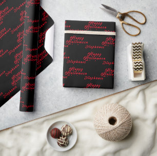 Happy Halloween Black Red Name Modern Pattern Wrapping Paper