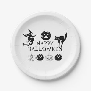 Happy Halloween black white spooky Paper Plate