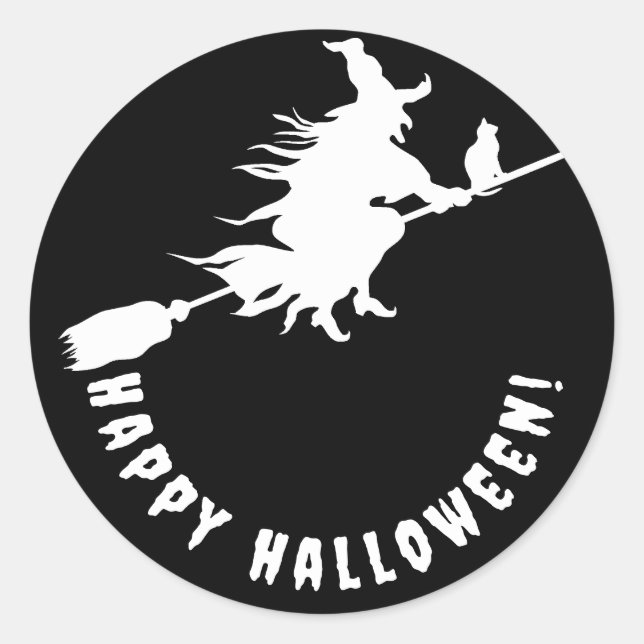 Happy halloween black white witch classic round sticker (Front)