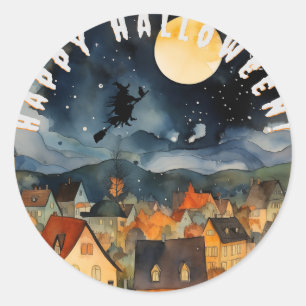 Happy halloween black white witch classic round sticker