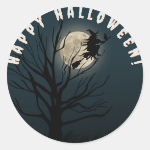 Happy halloween black white  witch classic round sticker
