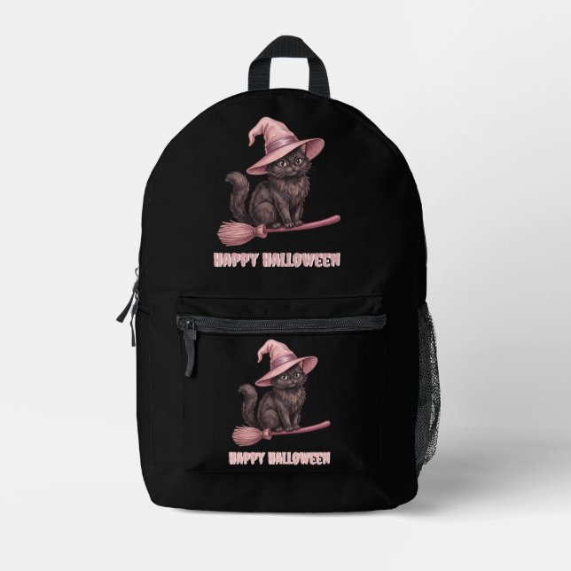 Happy Halloween Black Witch Cat Printed Backpack (Front)
