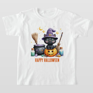 Happy Halloween Black Witch Cat T-Shirt