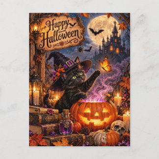 Happy Halloween – Black Witch Cat with Pumpkin Postcard