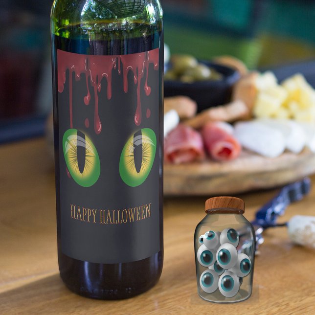 Happy Halloween Blood  Creepy Green Monster Eyes  Wine Label (Creator Uploaded)