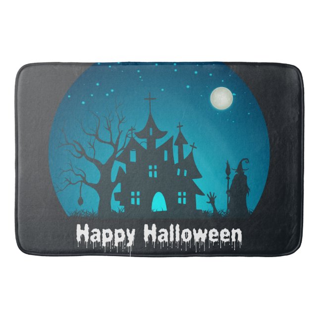 Happy Halloween Blue and Black Haunted House Bath Mat (Front)