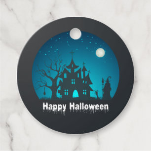 Happy Halloween Blue and Black Haunted House Favour Tags