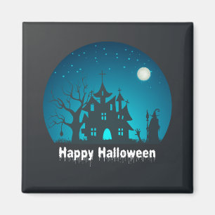 Happy Halloween Blue and Black Haunted House Magnet