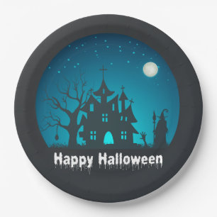 Happy Halloween Blue and Black Haunted House Paper Plate