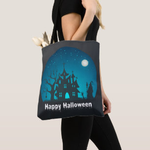 Happy Halloween Blue and Black Haunted House Tote Bag