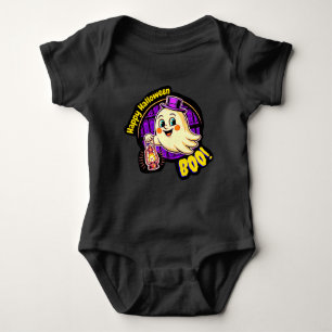 Happy Halloween BOO! Cute Retro Ghost with Lantern Baby Bodysuit