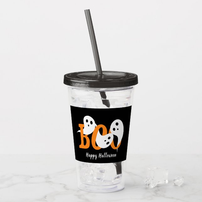 Happy Halloween Boo Ghosts Black Acrylic Tumbler (Front Ice)