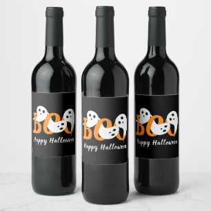 Happy Halloween Boo Ghosts Black Wine Label