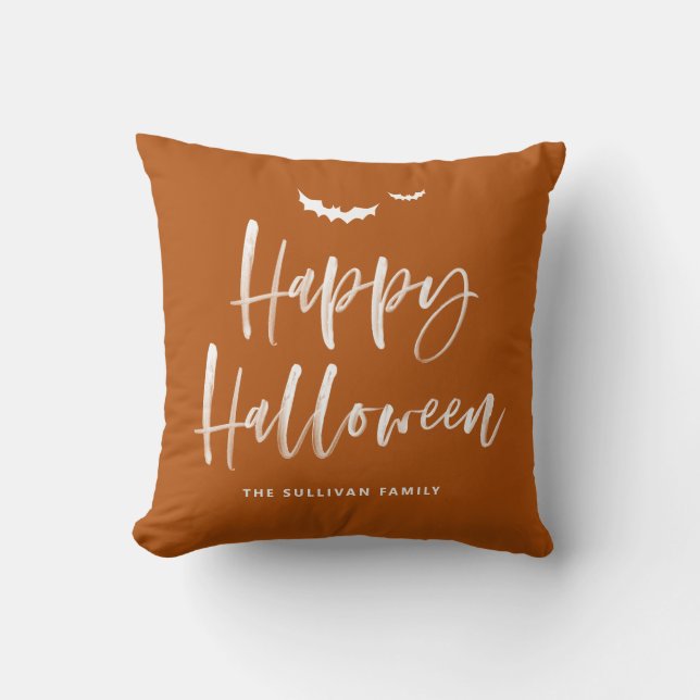 Happy Halloween Brush Calligraphy Burnt Orange  Cushion (Front)