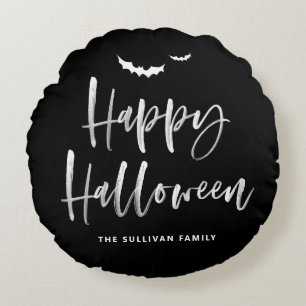 Happy Halloween Brush Lettering Black and White Round Cushion