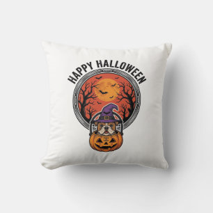 Happy Halloween Bulldog Witch Pumpkin Vintage Shir Cushion