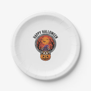 Happy Halloween Bulldog Witch Pumpkin Vintage Shir Paper Plate