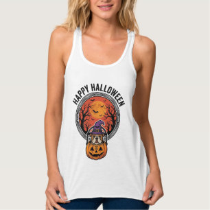 Happy Halloween Bulldog Witch Pumpkin Vintage Shir Singlet