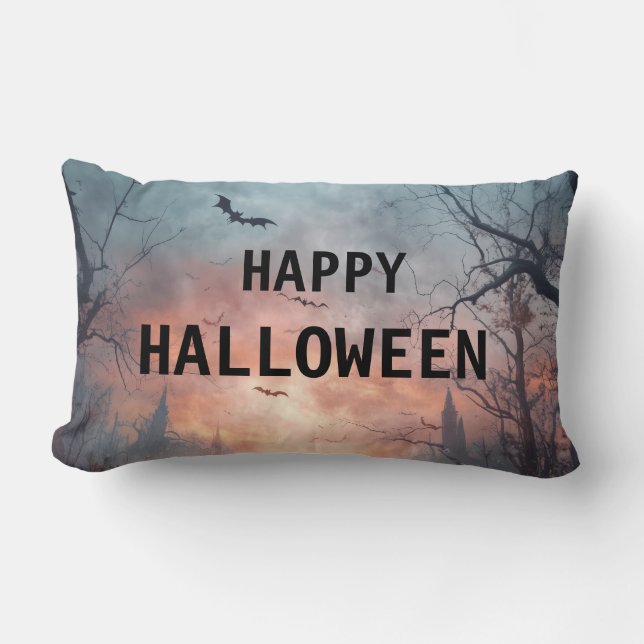 Happy Halloween Burlap Throw Lumbar Cushion (Front)