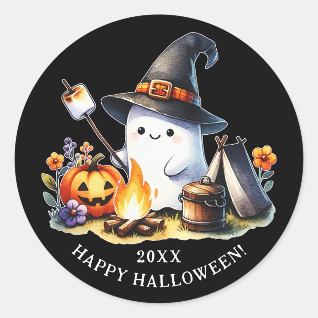 Happy Halloween Camping Cute Ghost Black Classic Round Sticker (Front)