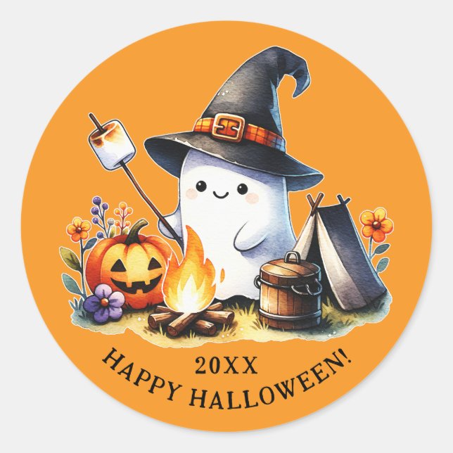 Happy Halloween Camping Cute Ghost Orange Classic Round Sticker (Front)