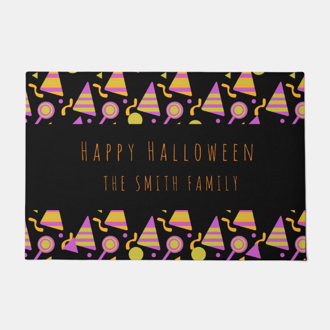 Happy Halloween Candy Neon Pattern Name Doormat (Front)