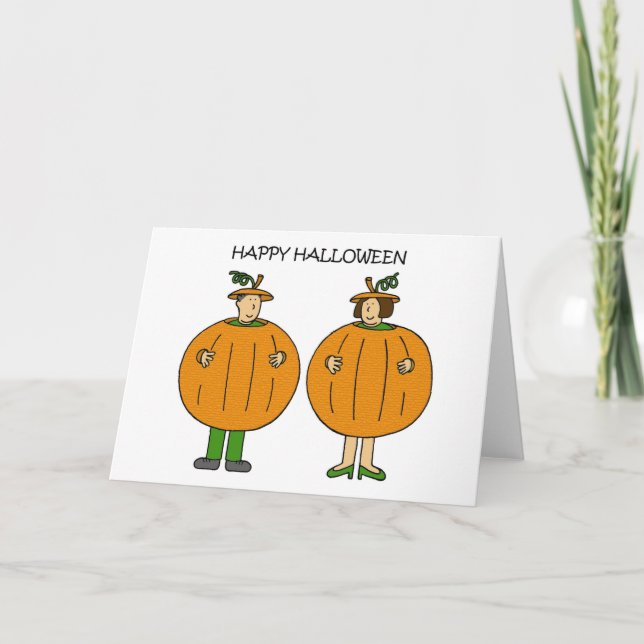 Happy Halloween Cartoon Couple in Costumes. Card (Front)