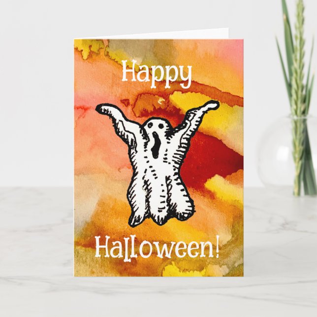 Happy Halloween Cartoon Ghost Doodle Greeting Card (Front)
