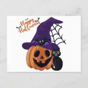 Happy Halloween Carved Pumpkin with Black Cat and Postcard