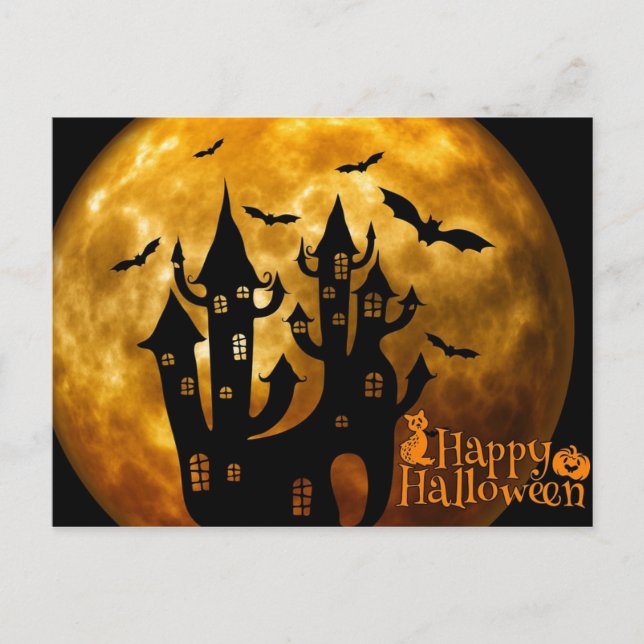Happy Halloween Castle and Full Moon Postcard (Front)