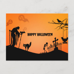 Happy Halloween Cat and bats silhouetted Holiday Postcard