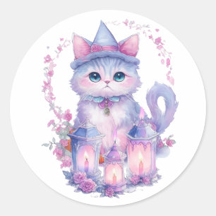 Happy Halloween Cat and Candles Classic Round Sticker