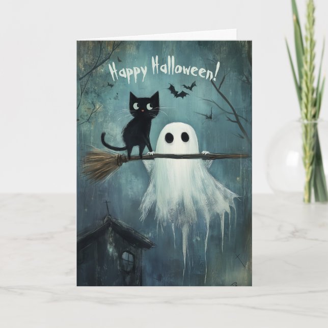 Happy Halloween Cat and Ghost flying with a Broom Thank You Card (Front)