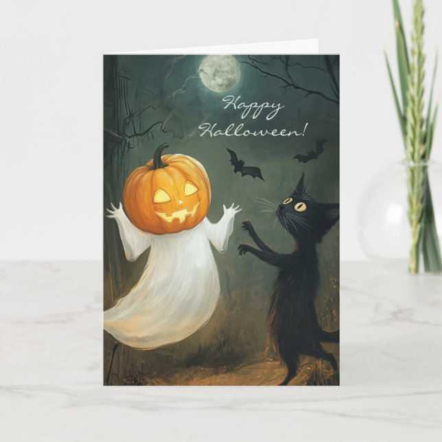 Happy Halloween Cat and Ghost Fun Thank You Card (Front)