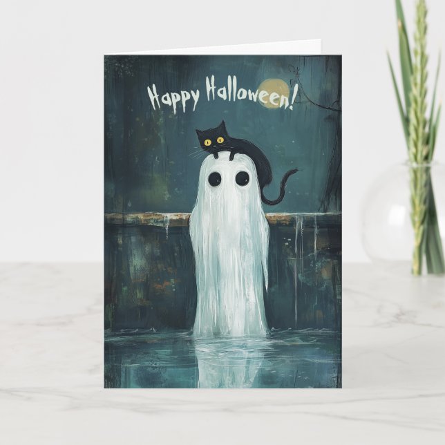 Happy Halloween Cat and Ghost in a Pool Thank You Card (Front)
