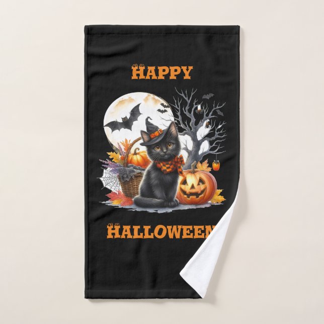 Happy Halloween Cat and Jack O Lantern Hand Towel (Hand Towel)