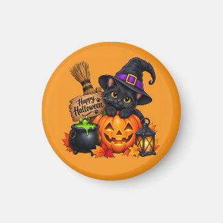 Happy Halloween Cat, Cauldron & Lantern Art Magnet