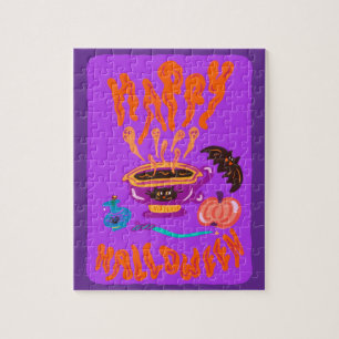 Happy Halloween Cat Lover witch cup of coffee Jigsaw Puzzle