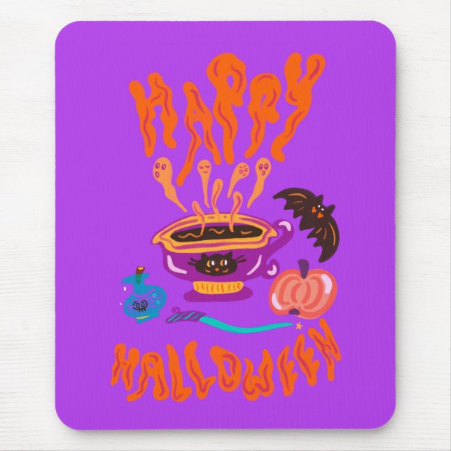 Happy Halloween cat lover witch’s cup of coffee Mouse Pad (Front)