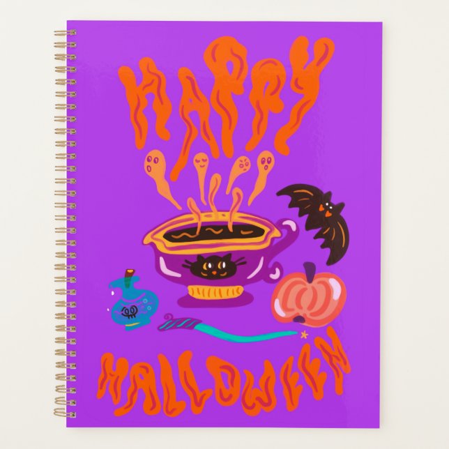 Happy Halloween cat lover witch’s cup of coffee Planner (Front)
