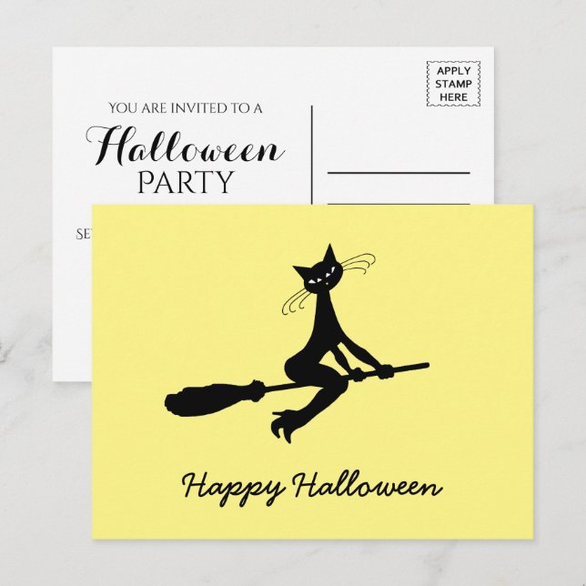 Happy Halloween, Cat On Broomstick Invitation Postcard (Front/Back)